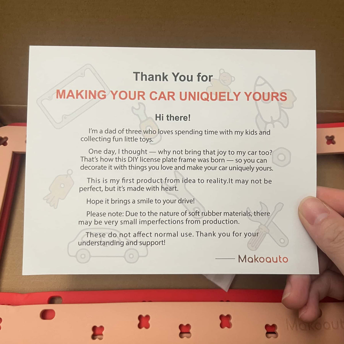 Founder's hand-signed thank-you note tucked into every Makoauto box